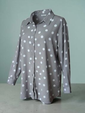 Susan Graver Liquid Knit Gray Button-Down Tunic Shirt White Polka Dots Sz 1X